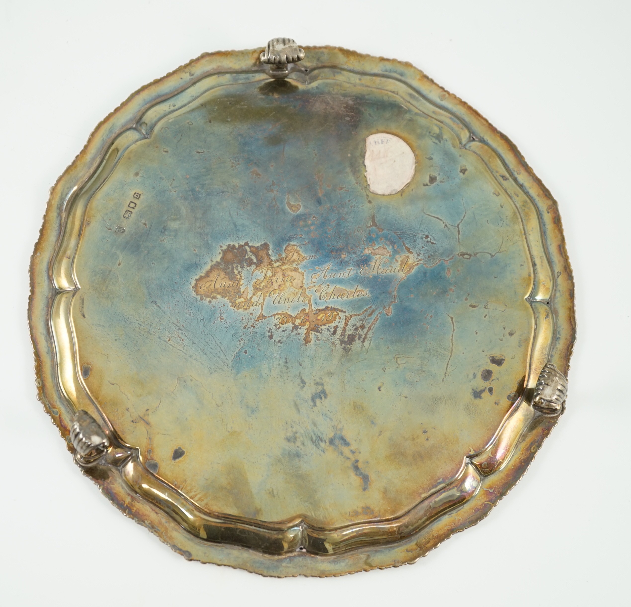 A George V silver waiter, by Charles Stuart Harris & Sons, with engraved Royal presentation inscription, ' From Aunt Toria, Aunt Maud & Uncle Charles, 28.6.19'